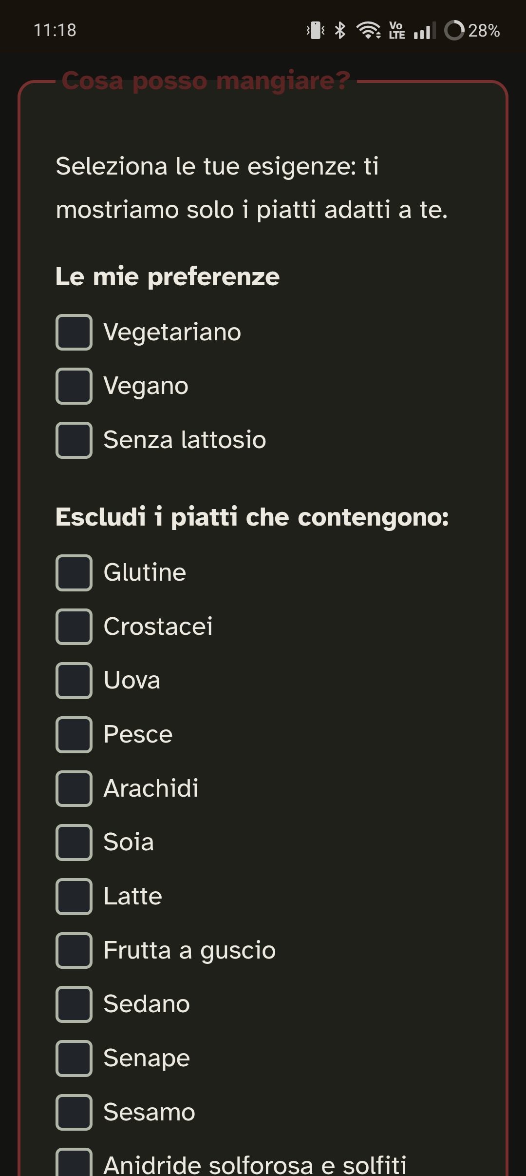 Filtro allergeni e preferenze alimentari nel menu digitale, da smartphone
