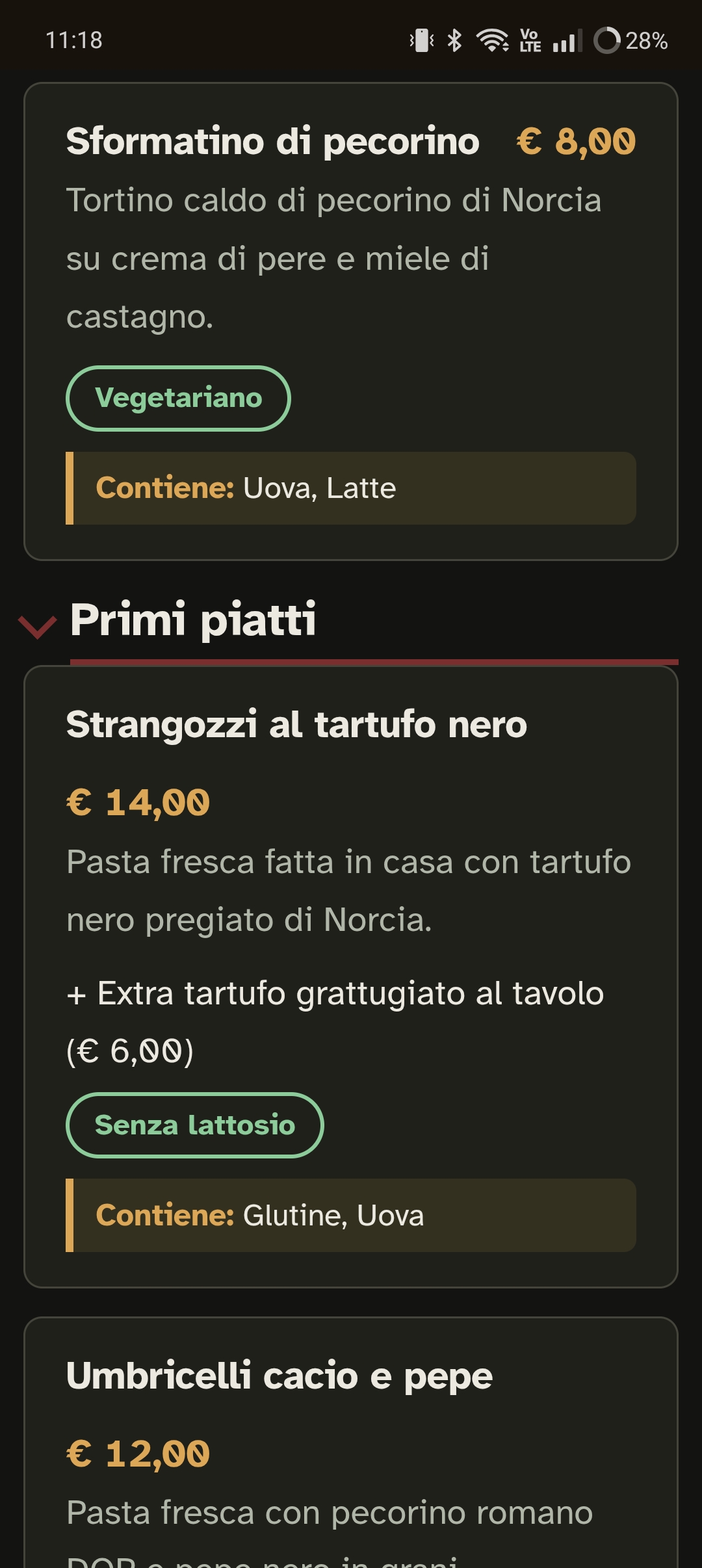 Menu digitale come lo vede il cliente, da smartphone