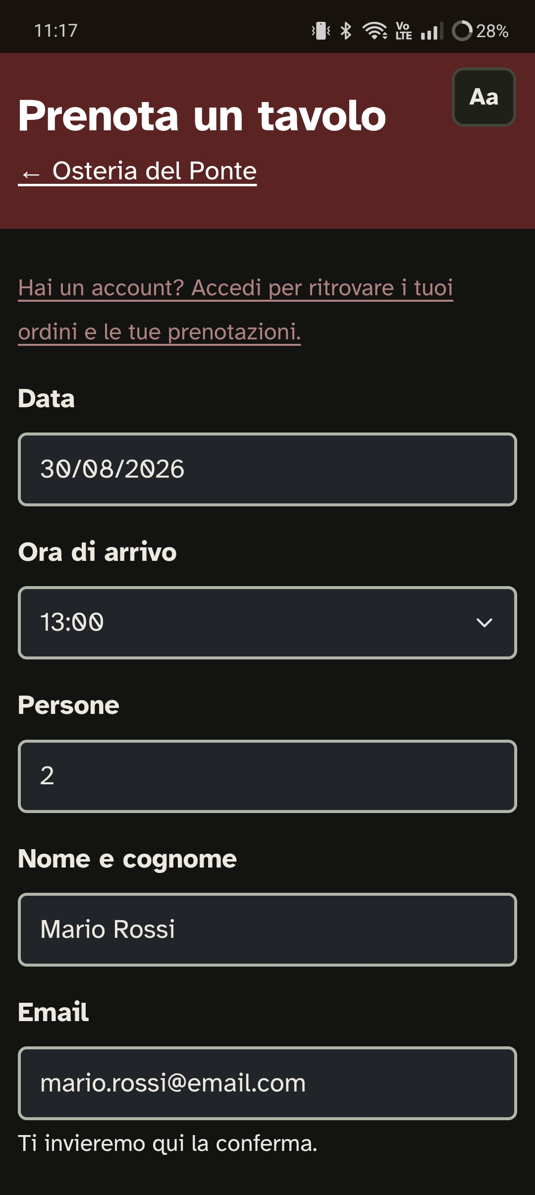 Prenotazione tavolo dal menu digitale, in pochi tocchi